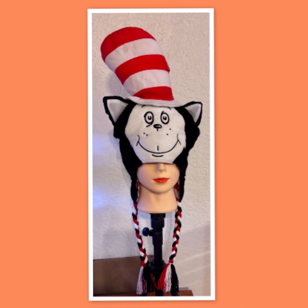 Dr. Seuss Cat in the Hat Head Hat Cap Plush w/ Pony Tails